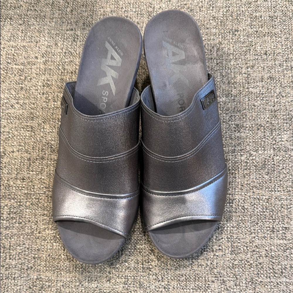 Anne Klein Black Open-Toe Slide Wedges with Subtle Shine